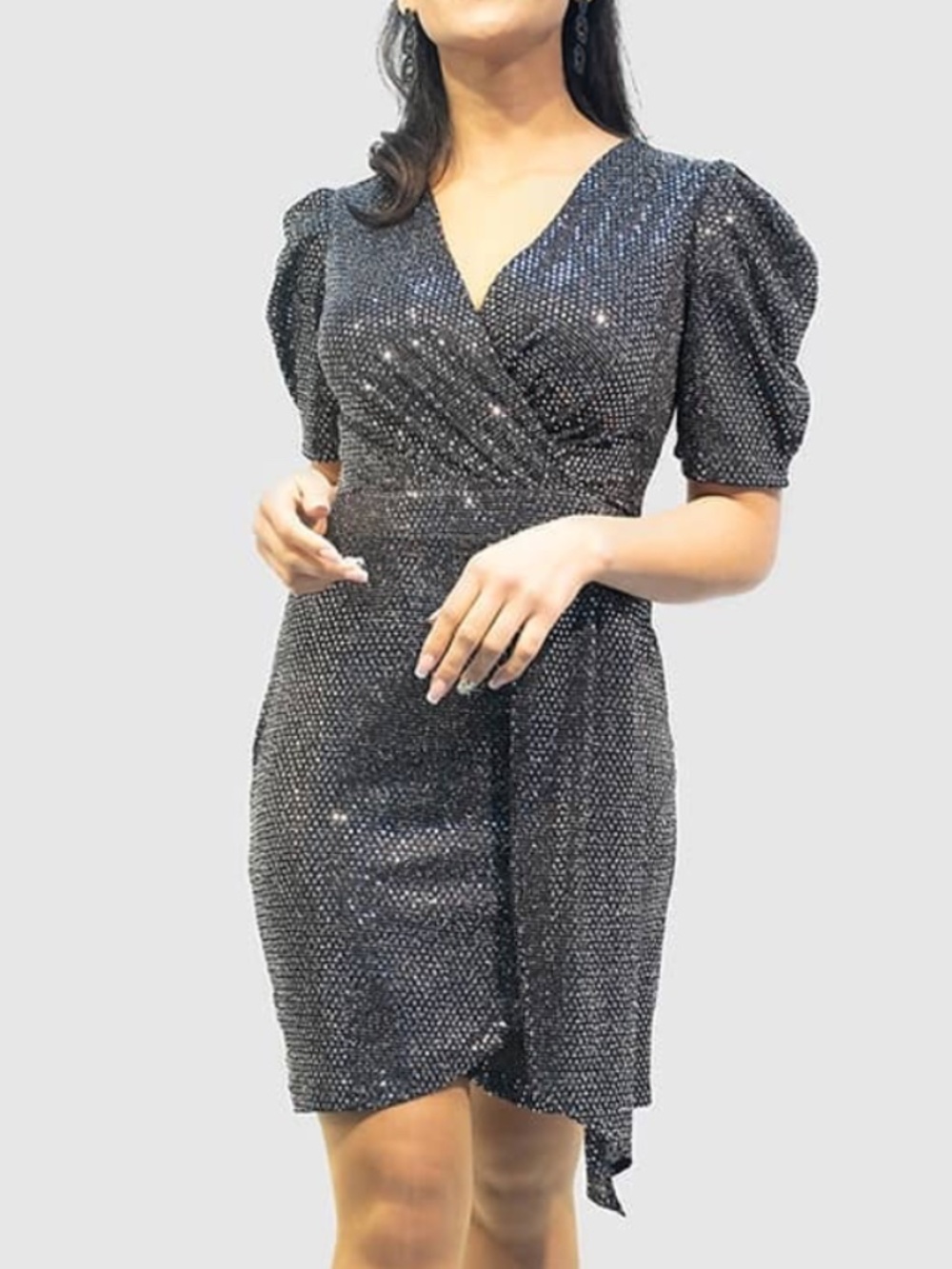 Black and Silver Sequin Wrap style Dress